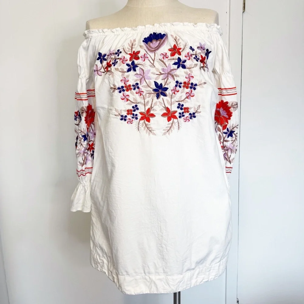 Free‎ People Fleur Du Jour Cotton Shift Dress XS Ivory embroidery XS